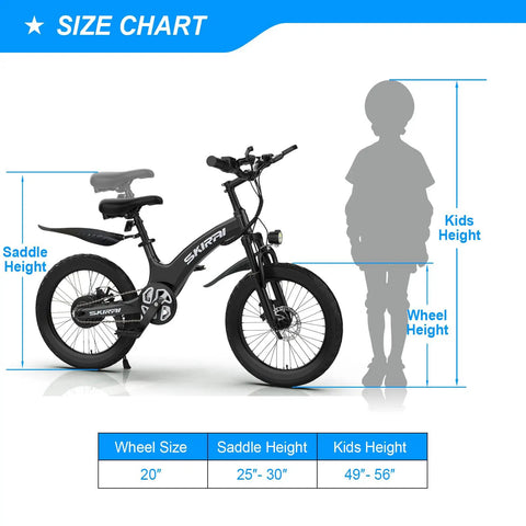 Power Up Kids Electric Bike With 250W Brushless Motor, 25.2V 7Ah Battery, Three Speeds Up To 15.5 MPH, Ultra Light Magnesium Alloy Frame, Safe Fun Ride For Ages 6 To 10 size chart with 20-inch wheel, 25-30-inch saddle height and 49-56-inch kids height