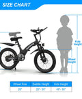Lightweight Kids Electric Bike With 250W Brushless Motor 25.2V 7Ah Battery 3 Speed Up To 15 MPH 20 Inch Tires Adjustable Seat And Frame For Ages 6 To 10 Safe Kid Friendly Rides size chart with 20-inch wheel and seat height