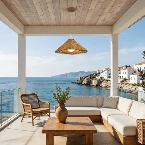 DLITISH 19'' Hand Woven Rattan Pendant Light with Glass Shade hanging over a coastal patio with ocean view.
