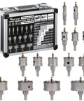 Front view of Vearter 15-piece carbide hole saw kit in a metal carrying case with 5/8 to 3 inch cutters and pilot drills.
