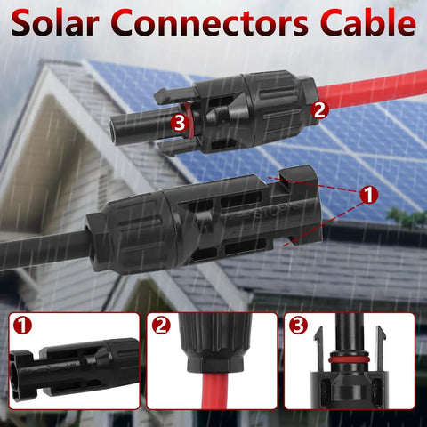 Parallel Panel Connectors Kit For Four Panels, Tool Free Y Branch Cable Splitter 2 To 8 with solar panel and setup details