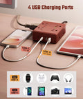 Brown Wood Grain 10 Ft Flat Plug Power Strip With Surge Protector, 8 Outlets And 4 USB Ports Including 2 USB C And 2 USB A in use