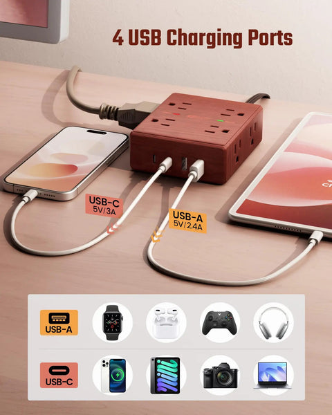 Brown Wood Grain 10 Ft Flat Plug Power Strip With Surge Protector, 8 Outlets And 4 USB Ports Including 2 USB C And 2 USB A in use