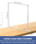 Clear Acrylic Shelf Dividers For Closet Organization 6 Pack Adjustable Book And Sweater Supports Straight Up Solid Zero Assembly Purse Separators showing dimensions on wood shelf.