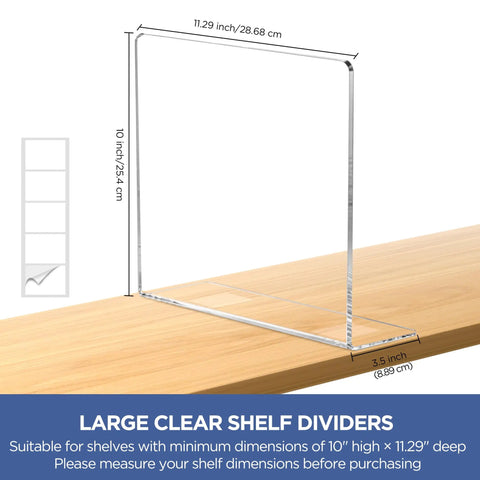 Clear Acrylic Shelf Dividers For Closet Organization 6 Pack Adjustable Book And Sweater Supports Straight Up Solid Zero Assembly Purse Separators showing dimensions on wood shelf.