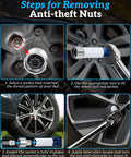 Steps showing use of Volkswagen Wheel Lock Key And Lug Nut Key Tool For VW Cars to remove anti-theft nuts on VW wheel.