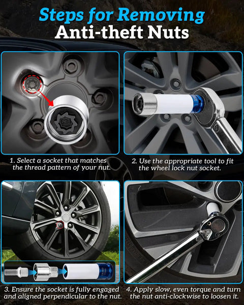 Steps showing use of Volkswagen Wheel Lock Key And Lug Nut Key Tool For VW Cars to remove anti-theft nuts on VW wheel.