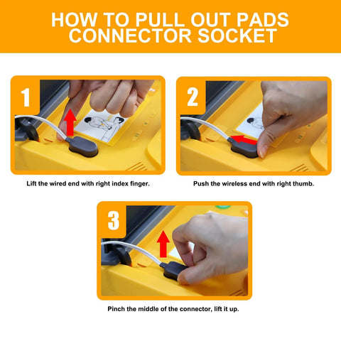 Front view of orange AED trainer device with pad connector socket instruction graphic