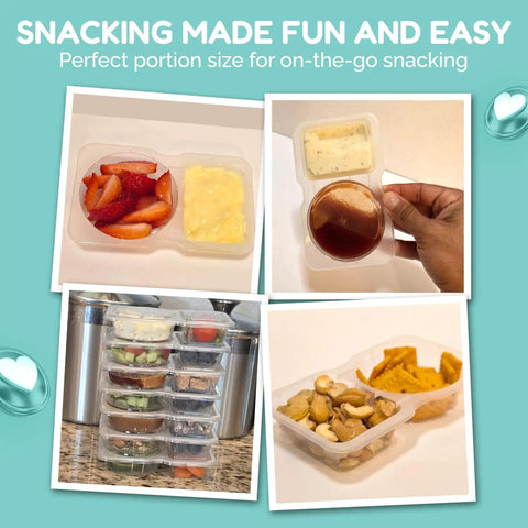 Two Compartment Reusable Snack Containers With Lids 20 Pack 40 Pieces Leak Proof Snack Prep Trays For Kids, various snack storage examples.