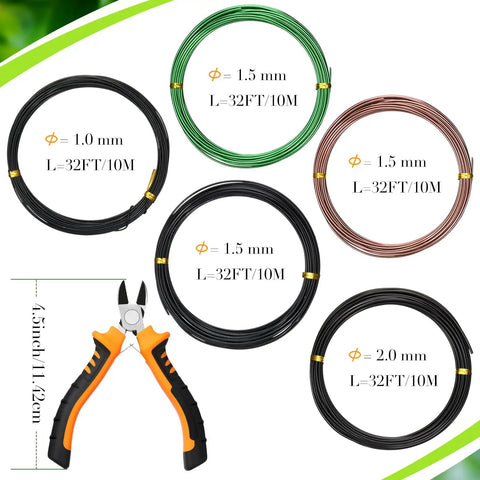 Five Roll Aluminum Bonsai Wiring Kit With Cutter, 1mm 1.5mm 2.0mm Wires, 32 Ft Per Roll, 160 Ft Total, Anodized Black Green Brown