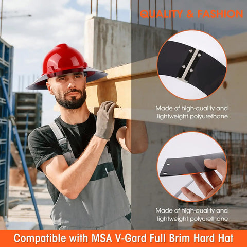 Worker wearing hard hat sun shade visor for outdoor work, V Gard full brim compatible hardhat attachment, holding a beam on site.