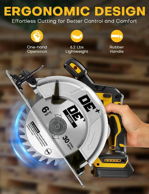 Top Tier 6 1 2 Inch Cordless Circular Saw With Brushless Motor And 8000 Rpm showing ergonomic handle, 30-teeth blade, and 6.2 lbs weight.