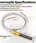 Thermopile for gas fryer with braided stainless steel lead and brass threaded nut, 38-inch length