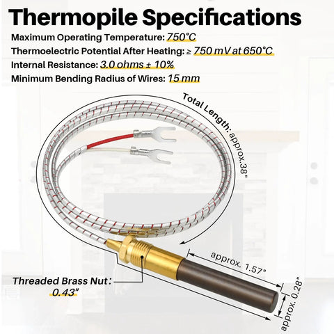 Thermopile for gas fryer with braided stainless steel lead and brass threaded nut, 38-inch length