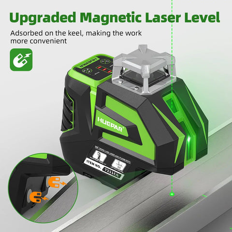 Self Leveling Green Cross Line Laser Level With 360 Degree Horizontal Beam And 140 Degree Vertical Plumb Dots recharge display