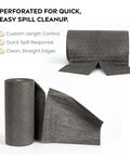 Get That Spill Ready Universal Absorbent Mat Roll 15 Inches By 50 Feet For Shops With 4 Rolls, Absorbing Up To 6 Gallons Per Roll, Perfect Gray Sorbent Pad displayed in a roll with perforated design for quick cleanup.