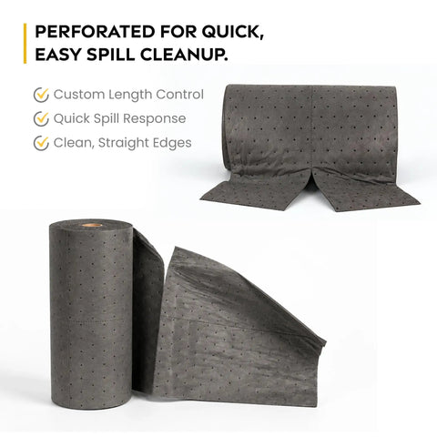 Get That Spill Ready Universal Absorbent Mat Roll 15 Inches By 50 Feet For Shops With 4 Rolls, Absorbing Up To 6 Gallons Per Roll, Perfect Gray Sorbent Pad displayed in a roll with perforated design for quick cleanup.