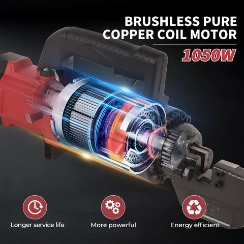 1050W Electric Rebar Cutter With 110V Hydraulic Pump Cuts Up To 3/4 Inch #6 Steel Rod In Just 3.5 Seconds showing brushless pure copper coil motor.