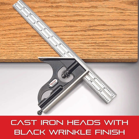 Heavy Duty Steel Combination Square With Square Head, 4 Inch Blade, Cast Iron Heads, Reversible Lock Bolt, 4R Graduation