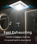 Whisper Quiet Bathroom Exhaust Fan With LED Light, 110 CFM, Ultra Low 1.0 Sone, ceiling-mounted in a modern bathroom.