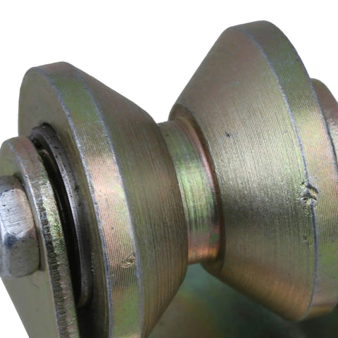 Close-up of Heavy Duty Steel Groove Caster Wheel One Point Two Inch Rigid Mount Roller Bearing for Industrial Cart and Sliding Gate.