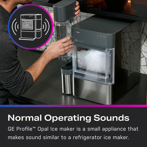 Countertop Nugget Ice Maker With 38 Lbs Daily Capacity And One Gallon Tank For Legit Chewable Pebble Ice That Hits Different In Cocktails And Smoothies Featuring Sleek Chocolate Quartz And Smart Wifi in use, filling ice container.