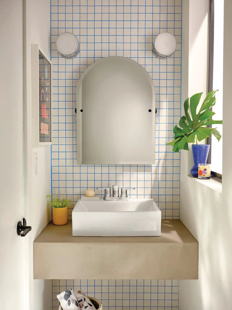 Two-Handle 4-Inch Centerset Chrome Bathroom Sink Faucet With Drain Assembly, Dope Modern Look, installed on modern sink