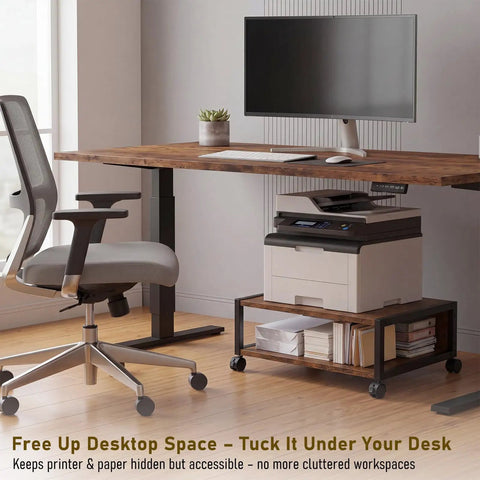 Straight Up Slick 2 Tier Printer Stand Under Desk With Easy Glide Wheels And Open Lower Shelf For A4 Paper Storage Brown Desktop Organizer Keeps Your Home Office Super Fresh And Dope