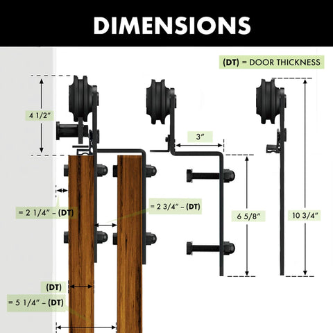 Dimensions of Rustic Black Single Track Bypass Sliding Barn Door Hardware Kit For Double Doors 18 Foot Flat Track With Straight Rollers