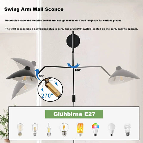 Industrial Black Plug In Swing Arm Wall Sconce With Adjustable Shade And E26 Socket On Off Switch display with bulb options