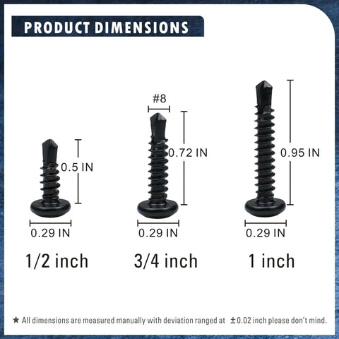 Product dimensions of 410 Stainless Steel No. 8 Self Drilling TEK Screws Assortment Kit with Black Oxide Finish in various lengths