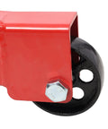 Close-up of a smooth rolling black wheel and red frame of Heavy Duty Folding Engine Hoist And Cherry Picker Shop Crane With 1500 Lbs Capacity.