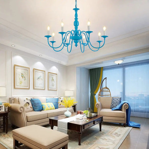 Blue 8 Light 30 Inch Large Pendant Chandelier With Candle Style Holders in elegant living room setting