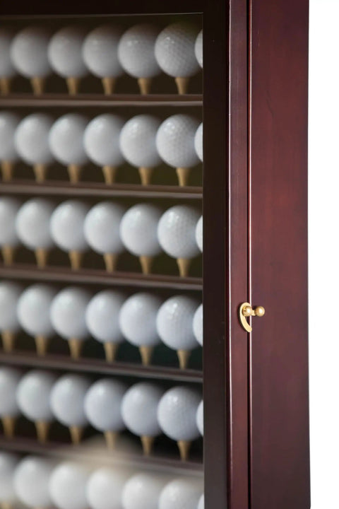 63 Golf Ball Display Case With Door Wall Mount Cabinet In Mahogany Wood Holds Up To 63 Balls Perfect Gift For Golfers side view