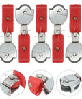 Built Like A Tank 5 Piece Steel Wire Rope Pulleys With Plastic Sheaves Heavy Duty Hoisting Block for garage work, red and metal design.