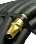 Close-up of 1/4 Inch Male NPT Solid Brass End of 50 Foot 3/8 Inch Rubber Air Hose With 250 Psi for Air Compressor.