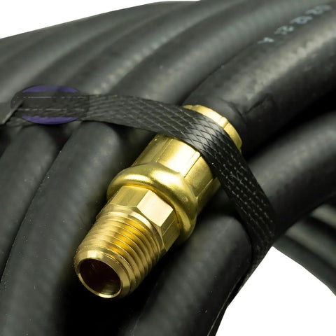 Close-up of 1/4 Inch Male NPT Solid Brass End of 50 Foot 3/8 Inch Rubber Air Hose With 250 Psi for Air Compressor.