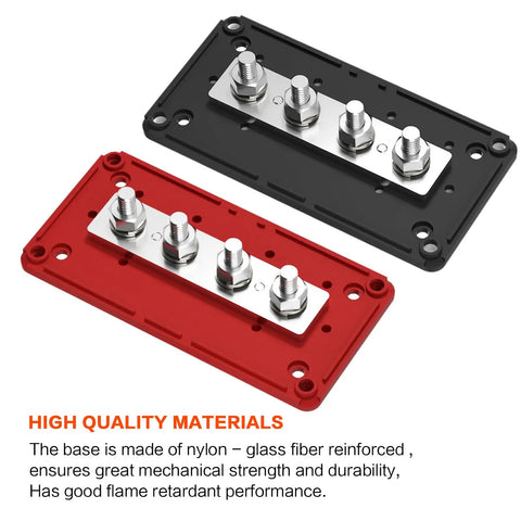 Heavy Duty 300 Amp Bus Bar Box With Nickel Plated Brass Conductors And Four M8 Terminals for clean power distribution, red and black units.