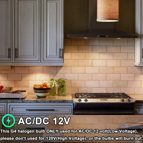 Modern kitchen with under cabinet lighting using G4 Halogen Bulb 20W 12V Dimmable Pack Of 12 For Under Cabinet Puck Lights
