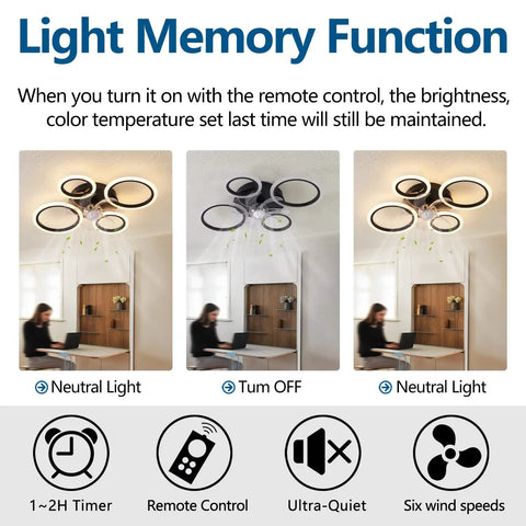 26 Inch Geometric Ceiling Fan With Lights Remote Control Bladeless Low Profile Design for Kitchen and Bedroom light memory feature