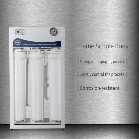 Top Shelf 400 Gpd Reverse Osmosis Water Purification System Hella Pure Direct Drinking Filter with three white filters and pressure gauge.
