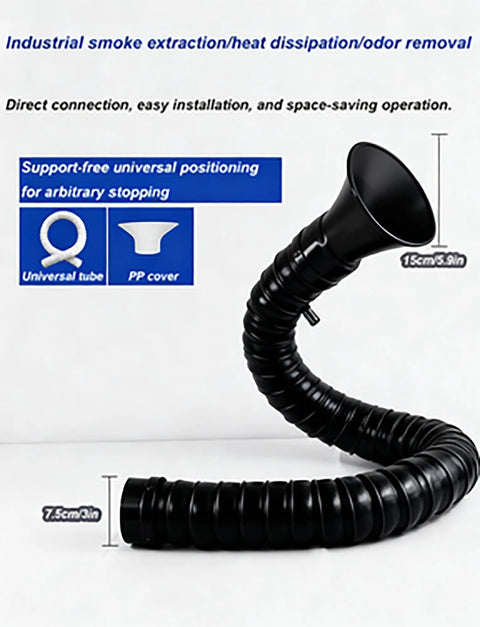 Heavy Duty Fume Extract Arm With No Sag Flex 120Cm Articulated Duct Hose And Precision Nozzle, 120cm black flexible tube for smoke extraction.