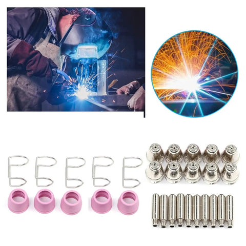 Get Prime Cuts With These 30Pcs Plasma Cutter Consumables Set Featuring Durable Ag-60 Torch Head Tips And Electrodes For 0 To 60A Machines. Quality parts displayed with AG-60 tips and accessories.