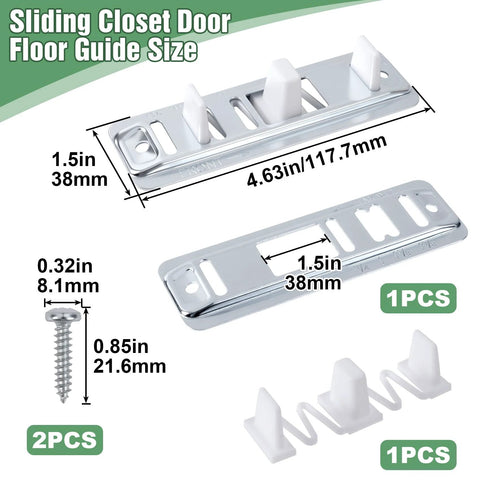 Sliding Closet Door Floor Guide For Bottom Track Systems Adjustable Steel Guides For Floor Screws Hardware Fits Three Quarters Inch To One And Three Eighths Inch Thick Doors, showing size and parts.