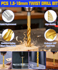 9 PCS 1.5-10mm twist drill bits in use, showcasing high speed steel drilling wood with Adjustable Metric Tap And Die Set 21 Pc