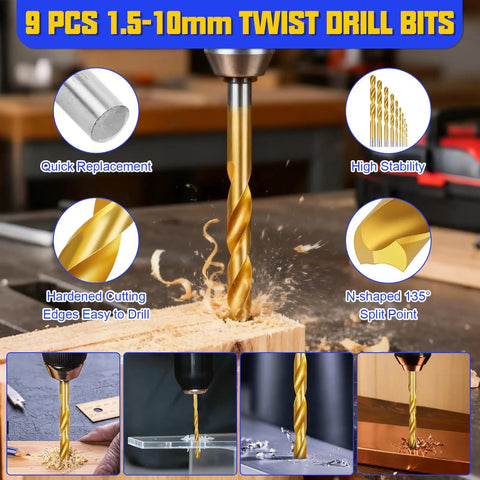9 PCS 1.5-10mm twist drill bits in use, showcasing high speed steel drilling wood with Adjustable Metric Tap And Die Set 21 Pc