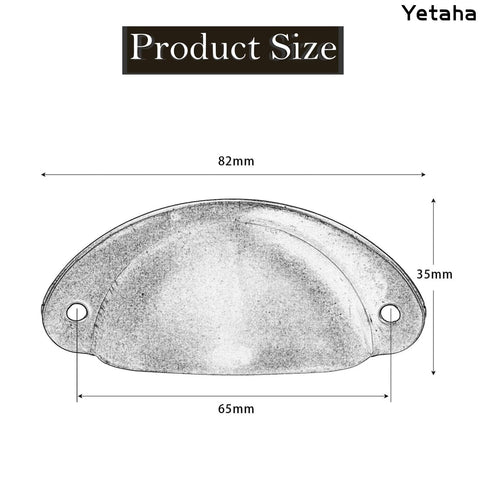 Antique Bronze Shell Cup Pulls Set Of 10 For Cabinets And Dressers With Screws 82mm By 35mm Center Distance 65mm size diagram