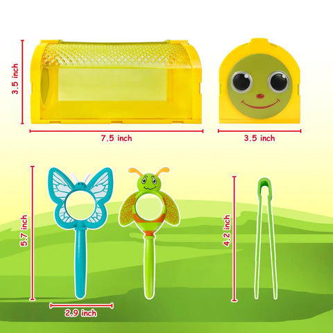 Two Piece Bug Catcher Kit For Kids with double cages, magnifying glasses shaped like a butterfly and bug, and tweezers.