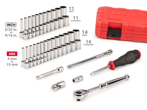 56 Piece Quarter Inch Drive Socket Set Shallow And Deep 12 Point Sockets Case Includes SAE And Metric Sizes From Five Thirty Seconds To Nine Sixteenths Inches And Four To Fifteen Millimeters Plus Ratchet Extensions And Universal Joint For DIY Auto shown with red case and tools on white background