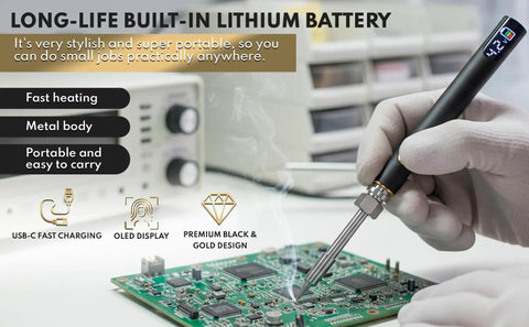 510 Threaded Battery Pen Soldering Kit With LED Display in use on circuit board, showing OLED screen and USB-C charging